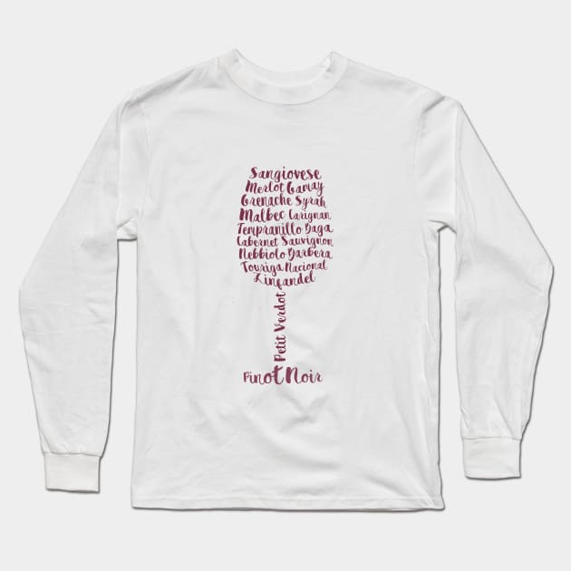 Red Wine Varieties Glass Long Sleeve T-Shirt by Printadorable